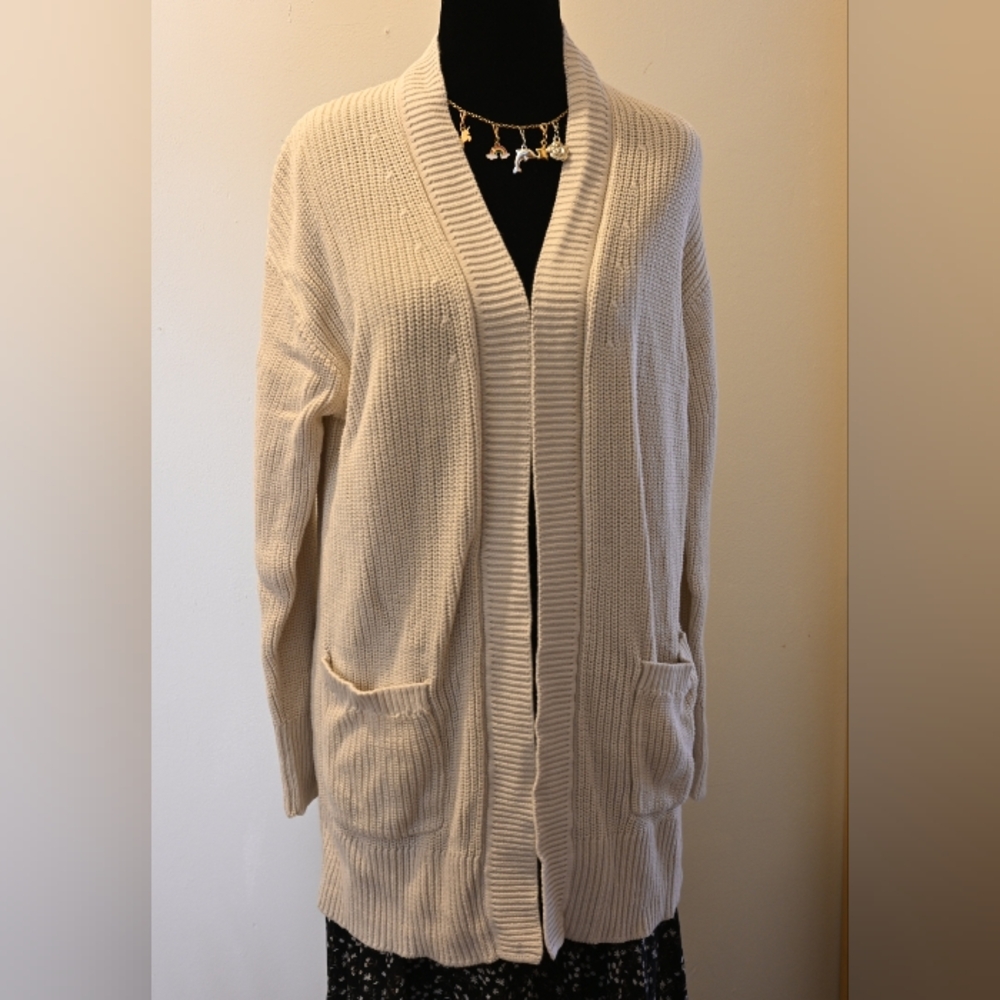 Max & Mia Cream Women's 100% Cotton Open Front Long Cardigan Size L Grandmacore